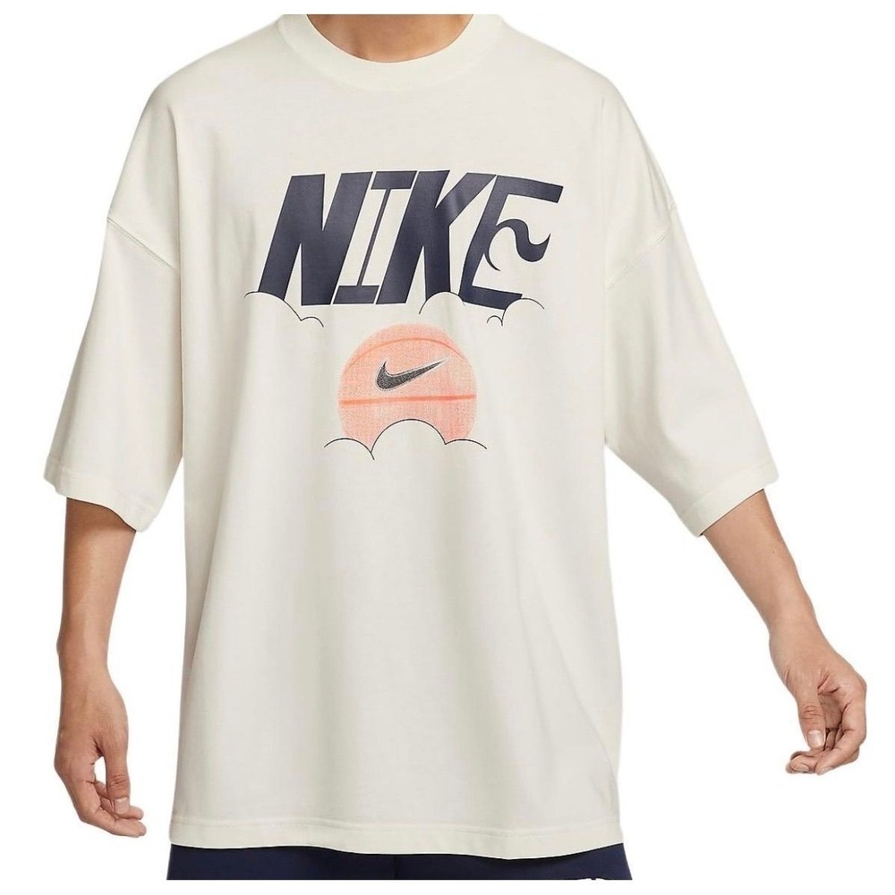 Nike Mens Basketball T-Shirt L Cream Basketball Graphic Oversized Tee Swoosh